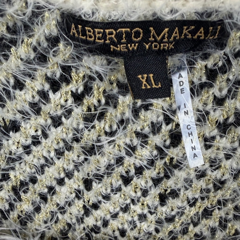Alberto Makali XL Fuzzy Metallic Geometric Diamond Knit Cardigan Cream Statement - Picture 3 of 13